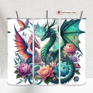 Dragon Tumbler Wrap Png, 20oz Skinny Tumbler Design, Fairy Animal Sublimation Wrap, Floral Fantasy Tumbler Png, Digital Download