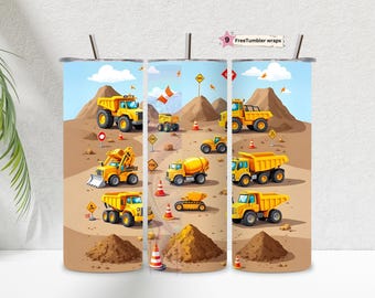Construction Vehicles Tumbler Wrap, Dump Truck Excavator png Tractor 20 Oz Skinny Tumbler PNG, Digital Download design Sublimation File