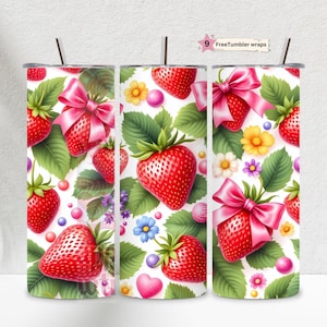 Strawberry Tumbler Wrap, Coquette Aesthetic 20 Oz Skinny Tumbler PNG, Seamless Sublimation Design, Strawberry Digital Download