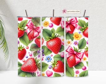Strawberry Tumbler Wrap, Coquette Aesthetic 20 Oz Skinny Tumbler PNG, Seamless Sublimation Design, Strawberry Digital Download