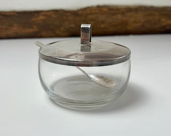 Silver plated and glass parmesan bowl with scalloped spoon