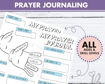 May include: A printable prayer journal for kids with a hand illustration and prompts for gratitude, apologies, and prayer requests. The journal is designed for all ages and skill levels. The text on the page reads "My Prayer Journal".