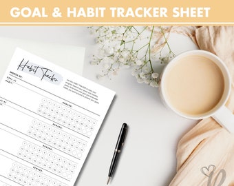 May include: A black and white printable habit tracker sheet with the text "Habit Tracker" and "Goal & Habit Tracker Sheet" at the top. The sheet has a section for the month, goal, and habit. There are five sections for rewards with circles to mark off each day of the month.