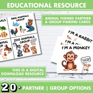 Cartes de partenaire sur le thème des animaux, carte de jumelage aléatoire pour petit groupe, gestion de la classe, activité brise-glace Trouvez votre partenaire