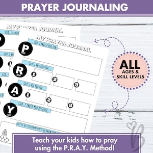 May include: A printable worksheet titled "My Prayer Journal" with a black and white illustration of a hand with a heart. The worksheet is designed to help children learn how to pray using the P.R.A.Y. method. The worksheet includes sections for praise, repent, ask, and yield.