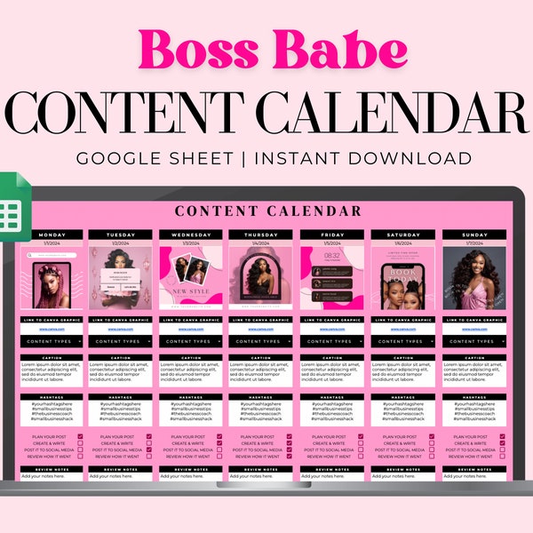 Boss Babe Social Media Content Calendar | Social Media Manager Monthly Planner | Google Sheet | Editable Digital Download | Girl Boss | CEO