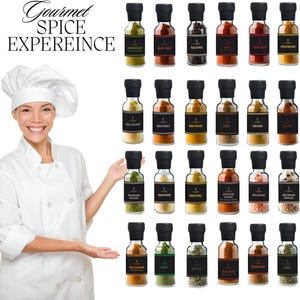 May include: A selection of spice jars with black lids and labels, displayed in rows. The labels have text, and the jars contain different spices. The image includes the text "Gourmet SPICE EXPERIENCE" in a decorative font.