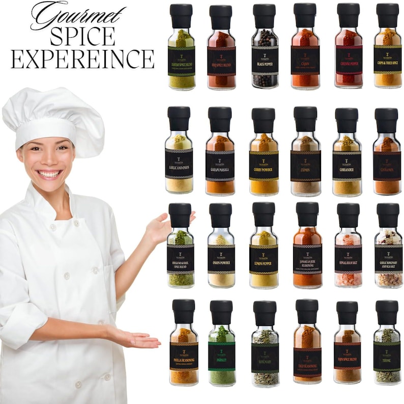 May include: A selection of spice jars with black lids and labels, displayed in rows. The labels have text, and the jars contain different spices. The image includes the text "Gourmet SPICE EXPERIENCE" in a decorative font.