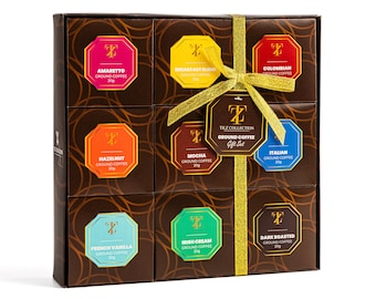 Coffee Gifts - Gourmet Ground Coffee Gifts, 9 Assorted Flavours Including Amaretto Dark Roast French Vanilla Mocha Italian Colombian