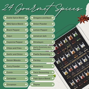 May include: A collection of 24 gourmet spices presented in glass bottles. The image displays a range of spice blends and individual spices, including Zaatar, BBQ, black pepper, and cinnamon. The text on the image reads "24 Gourmet Spices."