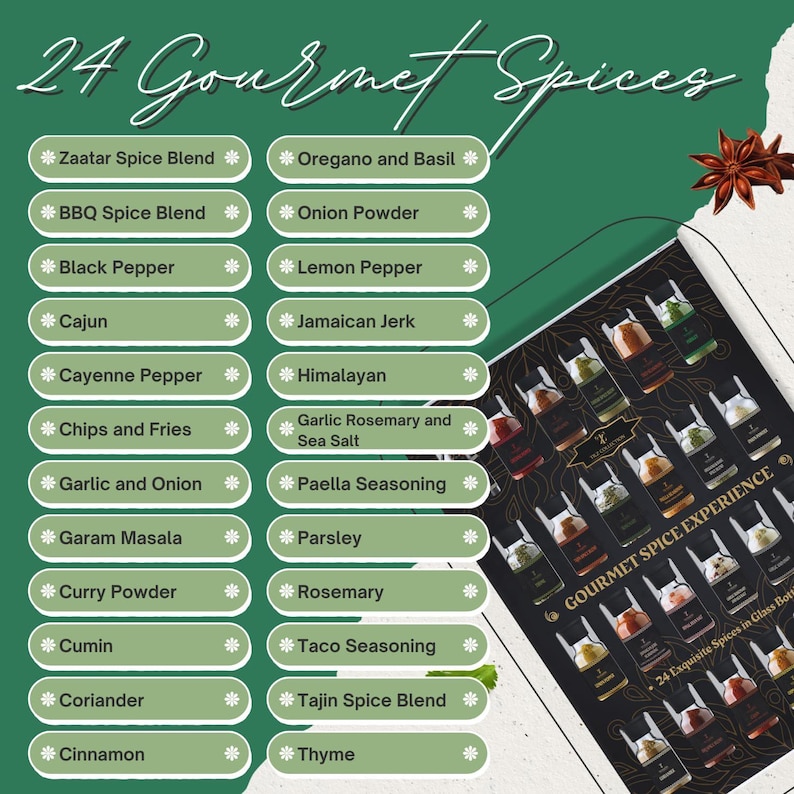 May include: A collection of 24 gourmet spices presented in glass bottles. The image displays a range of spice blends and individual spices, including Zaatar, BBQ, black pepper, and cinnamon. The text on the image reads "24 Gourmet Spices."
