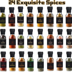 May include: A set of 24 spice jars with black lids and labels, each containing various herbs and spices. The image displays the text "24 Exquisite Spices". The jars are arranged in rows, offering a diverse selection of culinary ingredients.