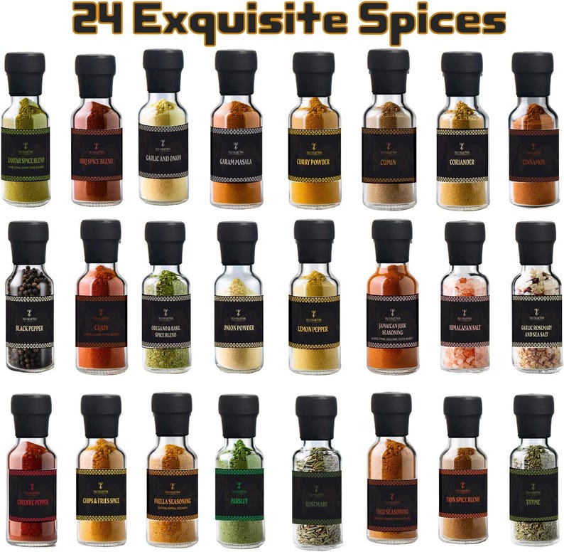May include: A set of 24 spice jars with black lids and labels, each containing various herbs and spices. The image displays the text "24 Exquisite Spices". The jars are arranged in rows, offering a diverse selection of culinary ingredients.