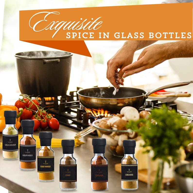 May include: A selection of spice jars with black lids, labelled with various spices. The image includes the text "Exquisite Spice in Glass Bottles". A person is cooking in the background, adding spices to a pan. Tomatoes and mushrooms are also visible.