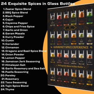 May include: A collection of 24 glass spice bottles, each containing a different spice blend. The image features text reading "24 Exquisite Spices in Glass Bottles". Spices include Zaatar, BBQ spice, black pepper, and others. The bottles are displayed against a black backdrop.