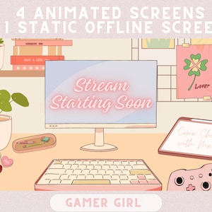 4 Animated Twitch Streaming Screens | Gamer Girl Desk | Twitch & Youtube Starting Soon, Be Right Back, Stream Ending, Offline screens