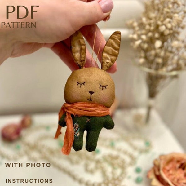 Hare pattern, Bunny in a scarf - instant download of the pattern, keychain - bunny, PDF pattern and photo sewing guide, DIY soft fabric toy.