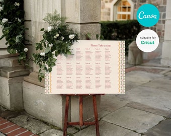 Colorful wedding seating chart horizontal sorted by table numbers | Tuscan Tile Collection | INSTANT Download Canva AND Cricut compatible