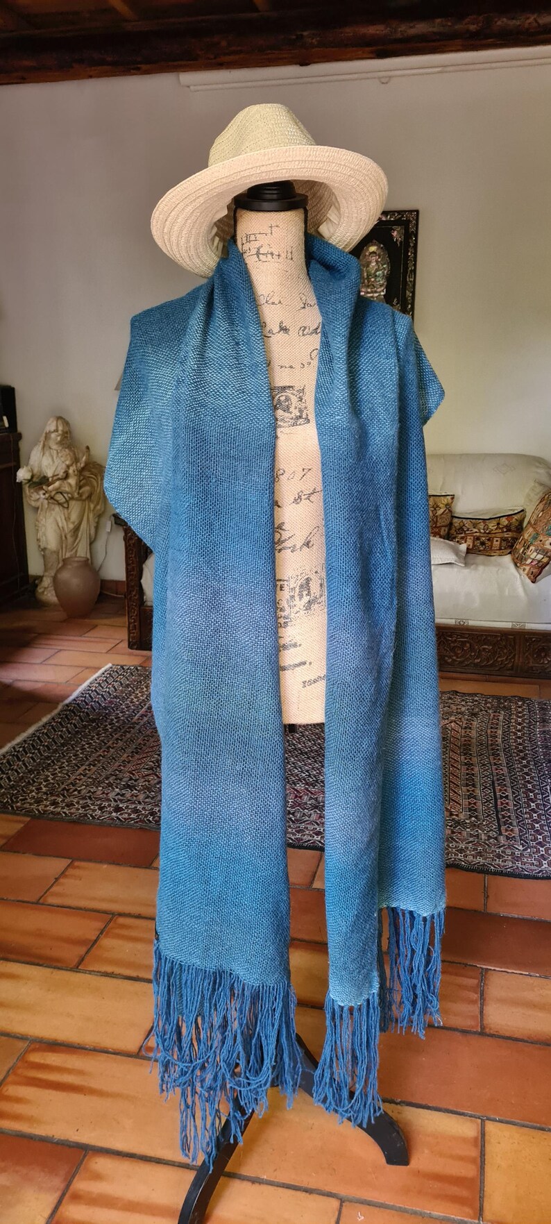 Chal tradicional, tejido "con un palo" sobre un peine, hecho a mano, lana muy suave, cálida y ligera, azul bereber, ¡magnífico! imagen 4