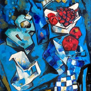 May include: A still life painting featuring a blue guitar, a blue bottle, a white bowl filled with red fruit, and a blue and white checkered tablecloth. The painting is done in a cubist style with bold colors and geometric shapes. The artist's signature, "PETRU", is visible in the lower left corner.