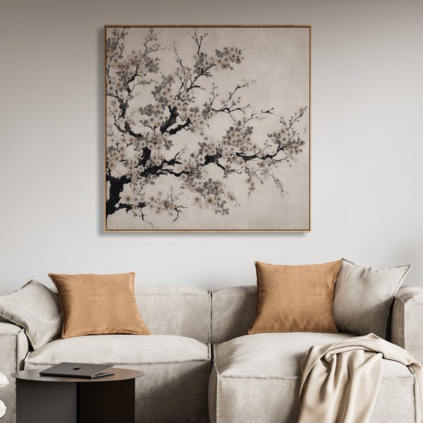 Große schwarz-weiße moderne, minimalistische Kirschblüten-Sakura-Kunst: Druckbarer digitaler Download