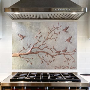 Handmade Copper Kitchen Backsplash: Birds on Branch, Custom Mural