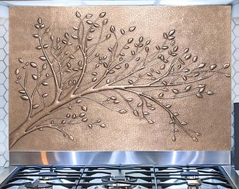 Real Copper Hammered Copper Tree Backsplash: Handmade Rustic Kitchen Wall Art