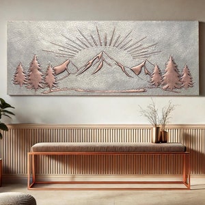 Handcrafted Copper Wall Art: Rustic Mountain Sunrise Scene