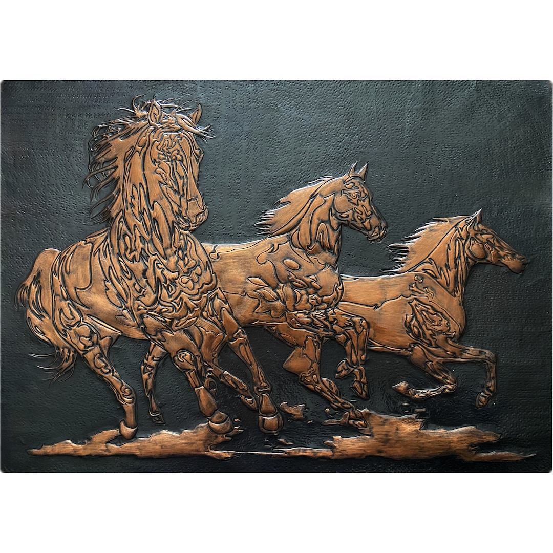 Horses Wall Sculpture, Copper Horses Relief, Horse Metal Artwork