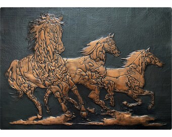 Horses Wall Sculpture, Copper Horses Relief, Horse Metal Artwork, Copper Horses Wall Art, American Home Decor, Large Western Metal Art