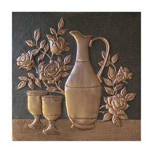 Handmade Hammered Copper Wall Art - Rustic Floral Design with Roses and Pitcher - Unique Botanical Metal Artwork for Home Decor, Backsplash