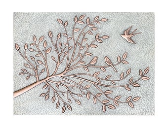 Copper Kitchen Backsplash, modern Copper Tile, Birds on Tree Branches with Leaves Hammered Copper, Metal Wall Panel, Tree Branches Copper