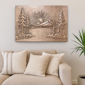 Handmade Copper Mountain Sunset Backsplash: Rustic Cabin Kitchen Wall Art