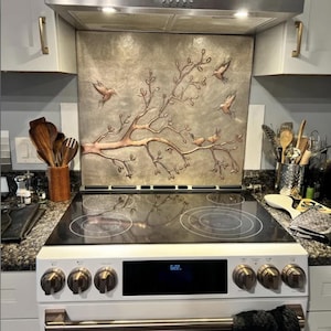Handcrafted Copper Wall Art - Mockingbird and Hummingbird Design on Tree Branch - Nature-Inspired Kitchen Decor