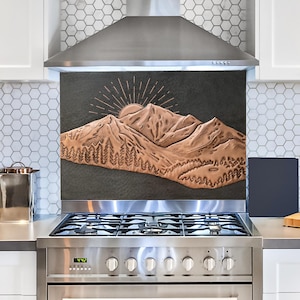 Hammered Copper Mountain Backsplash: Rustic Kitchen Stove Wall Panel