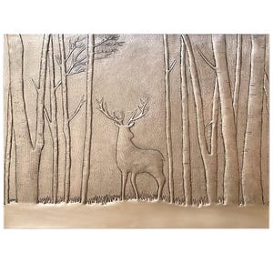 Handcrafted Hammered Copper Tile: Deer in Forest Mural