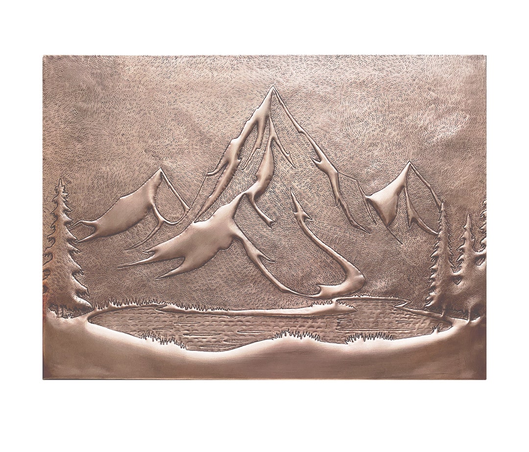 Mountain and Lake Backsplash - Hammered Copper With Pine Trees and ...