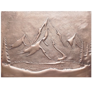 Hammered Copper Mountain Lake Backsplash: Rustic Pine Tree Metal Art