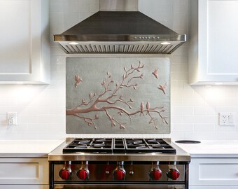 Copper Kitchen Backsplash Tile Mural, Birds on Tree Branches with Leaves Wall Decor, Metal Wall Panel, Tree Branches Wall Art