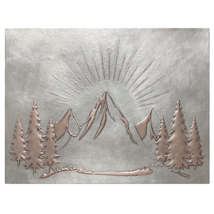 Hammered Copper Mountain & Pine Tree Backsplash: Rustic Kitchen Wall Art