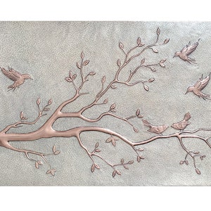 Copper Kitchen Backsplash Tile Mural, Birds on Tree Branches with Leaves Wall Decor, Metal Wall Panel, Tree Branches Wall Art