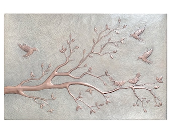 Copper Kitchen Backsplash Tile Mural, Birds on Tree Branches with Leaves Wall Decor, Mockingbird on Metal Wall Panel, Mockingbirds Wall Art