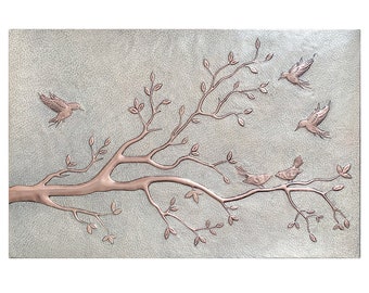 Copper Kitchen Backsplash Tile Mural, Birds on Tree Branches with Leaves Wall Decor, Mockingbird on Metal Wall Panel, Mockingbirds Wall Art