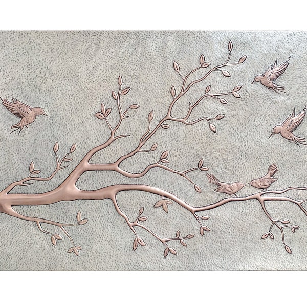 Copper Kitchen Backsplash Tile Mural, Birds on Tree Branches with Leaves Wall Decor, Metal Wall Panel, Tree Branches Wall Art