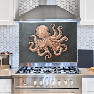 Hammered Copper Octopus Backsplash: Nautical Coastal Kitchen Wall Art