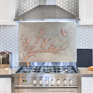 Hammered Copper Cherry Blossom Backsplash – Butterfly Floral Kitchen Wall Art – Handmade Stove Panel – Nature Inspired Decor
