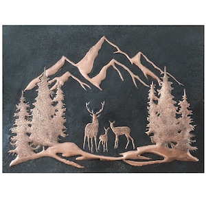 Hammered Copper Deer Family Backsplash: Rustic Mountain Decor
