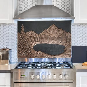 Hammered Copper Mountain Backsplash: Rustic Cabin Kitchen Decor