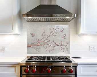 Copper Kitchen Backsplash Tile Mural, Birds on Tree Branches with Leaves Wall Decor, Metal Wall Panel, Tree Branches Wall Art