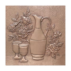 Hammered Copper Wall Art - Rustic Floral Design with Roses and Pitcher - Elegant Botanical Metal Artwork for Kitchen or Dining Room Decor